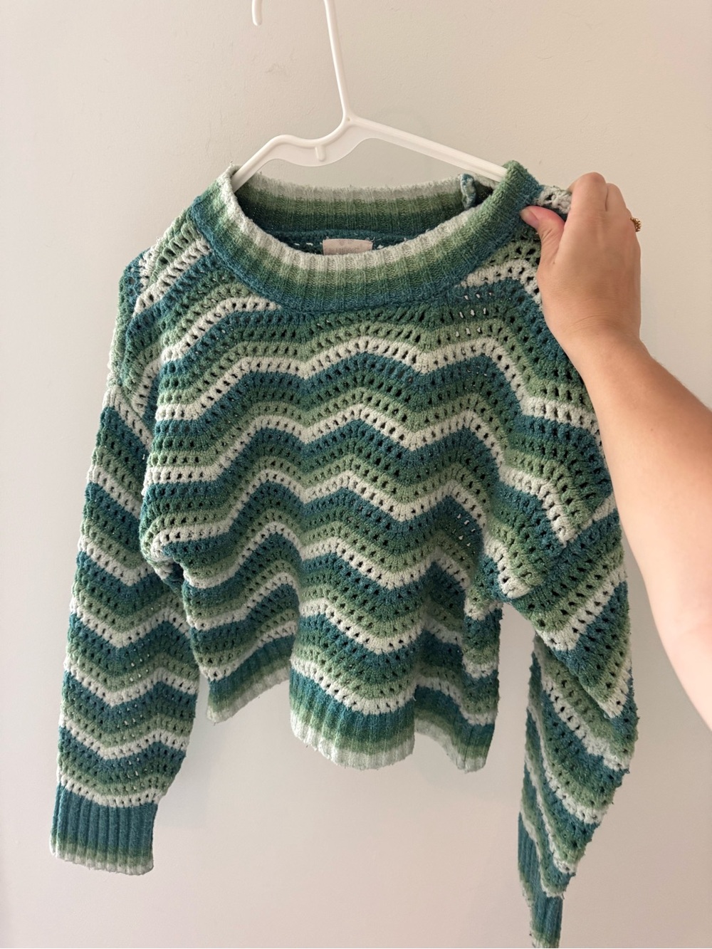 Hippie Rose Green & Cream Chevron Crochet Turtleneck Sweater